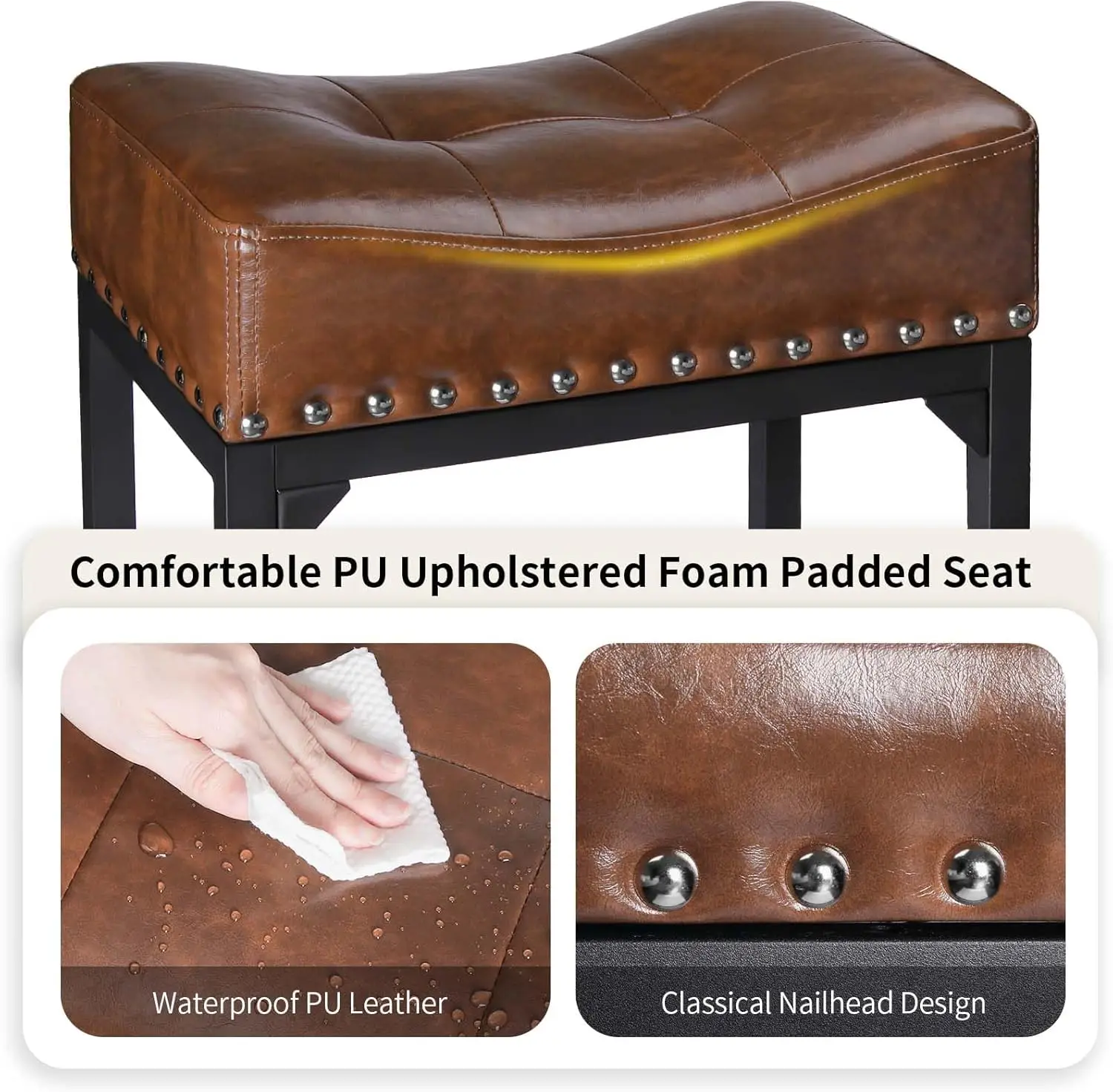 Set of 2, Counter Height Bar Stools for Kitchen Counter, 24 Inch Saddle Barstools Kitchen Stools, Counter Height Stools for Bar