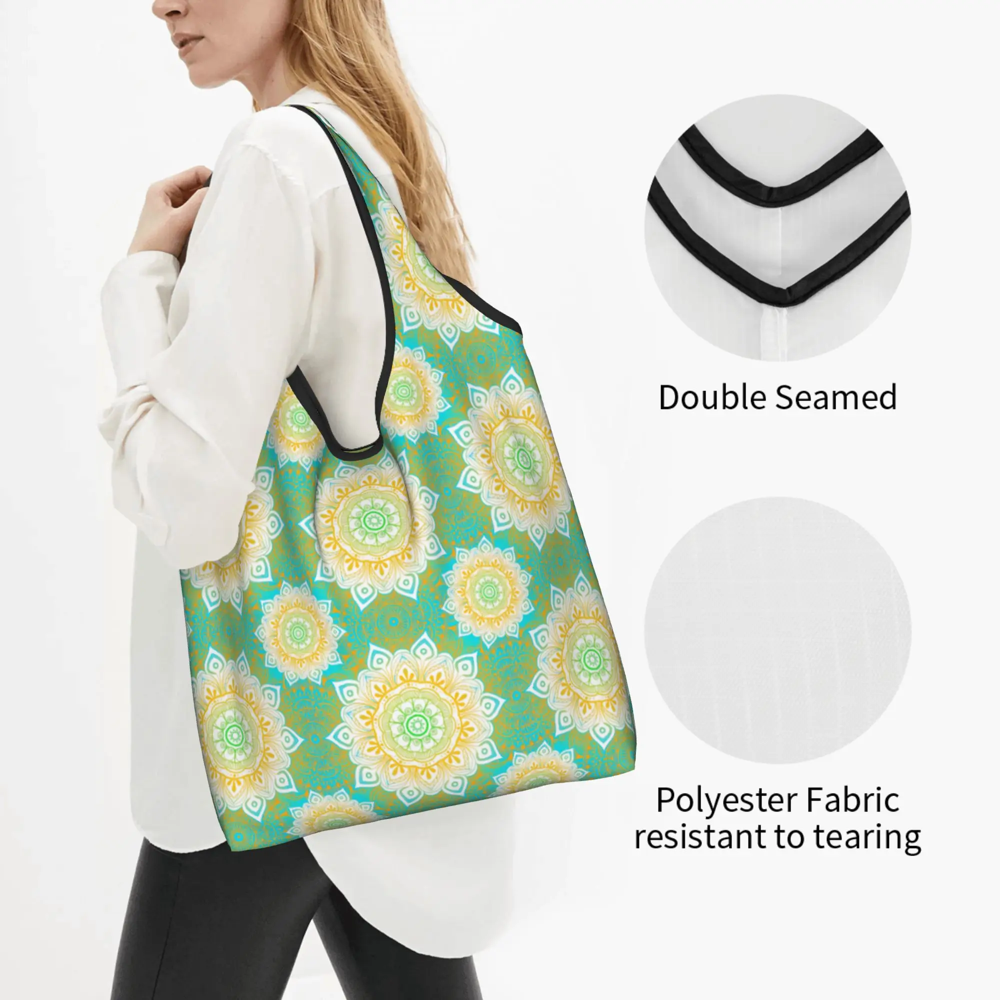 Bohemian Style Mandala Floral  Grocery Tote Shopping Bag Women Fashion Geometric  Shoulder Shopper Bag Large Capacity Handbag
