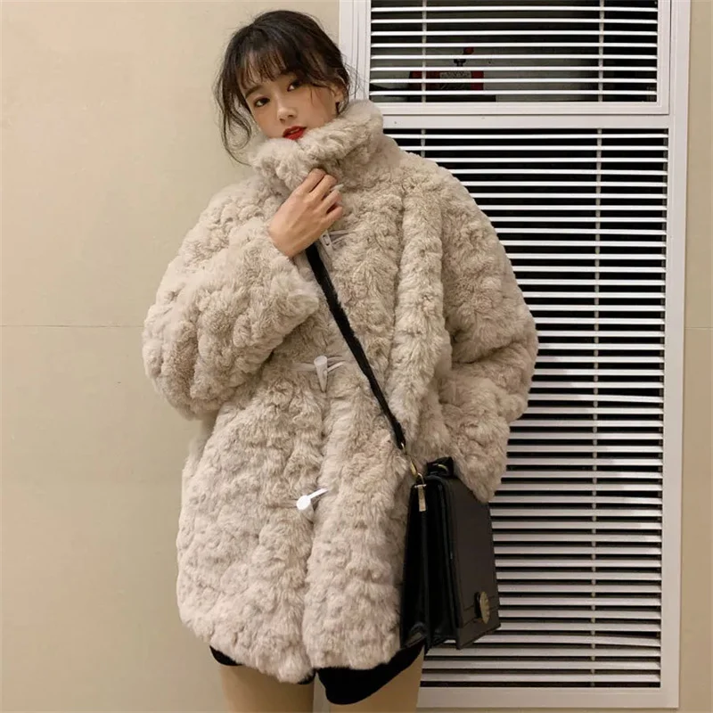 2025 Autumn/Winter Lamb Fleece Fur Coat for Women, Medium to Long, Lazy Style Bull Horn Buckle Imitation Otter Rabbit Plush Coat