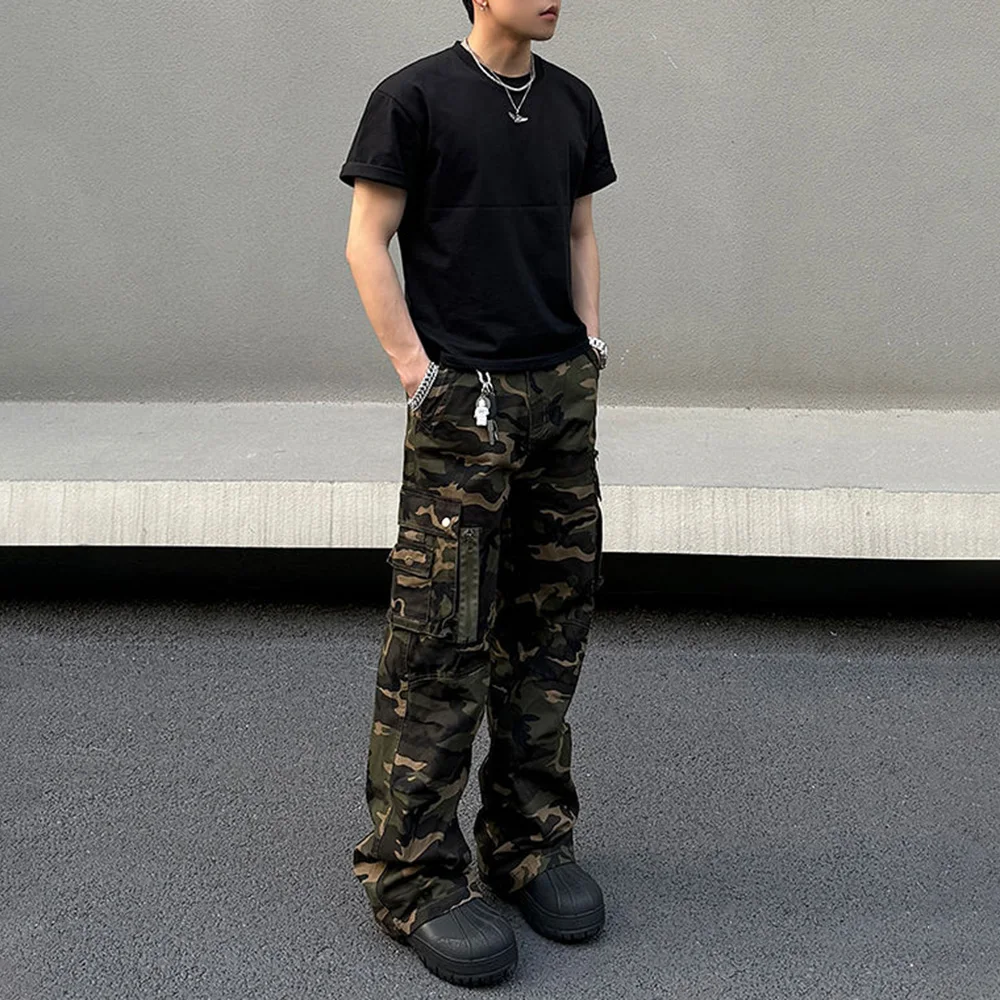 Mens Denim Trousers Vintage American Retro High Street Camouflage Functional Design Straight Durable Versatile Trousers Summer