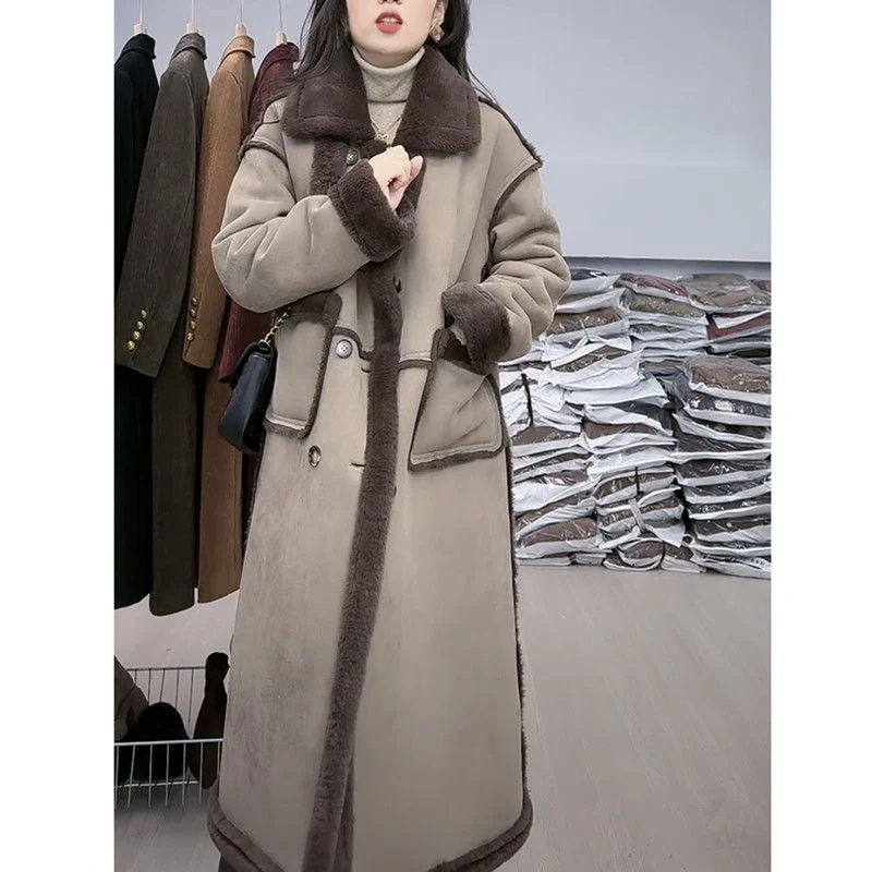 Faux Fur Coat For Women\'s Winter 2024 New Suede Lamb Fur Loose And Slimming Thicken Long fur Jacket wool Suede Velvet Coat Gray