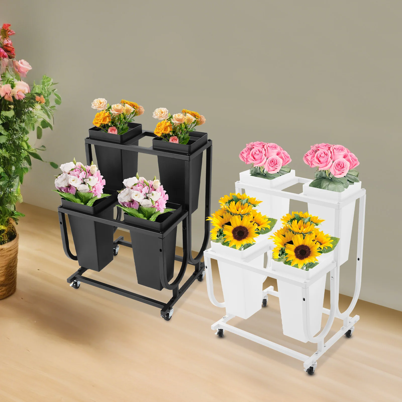 Espositore per fiori a 4 secchi a doppio livello, robusta struttura in metallo con ruote e freni lisci, design moderno bianco/nero per la casa