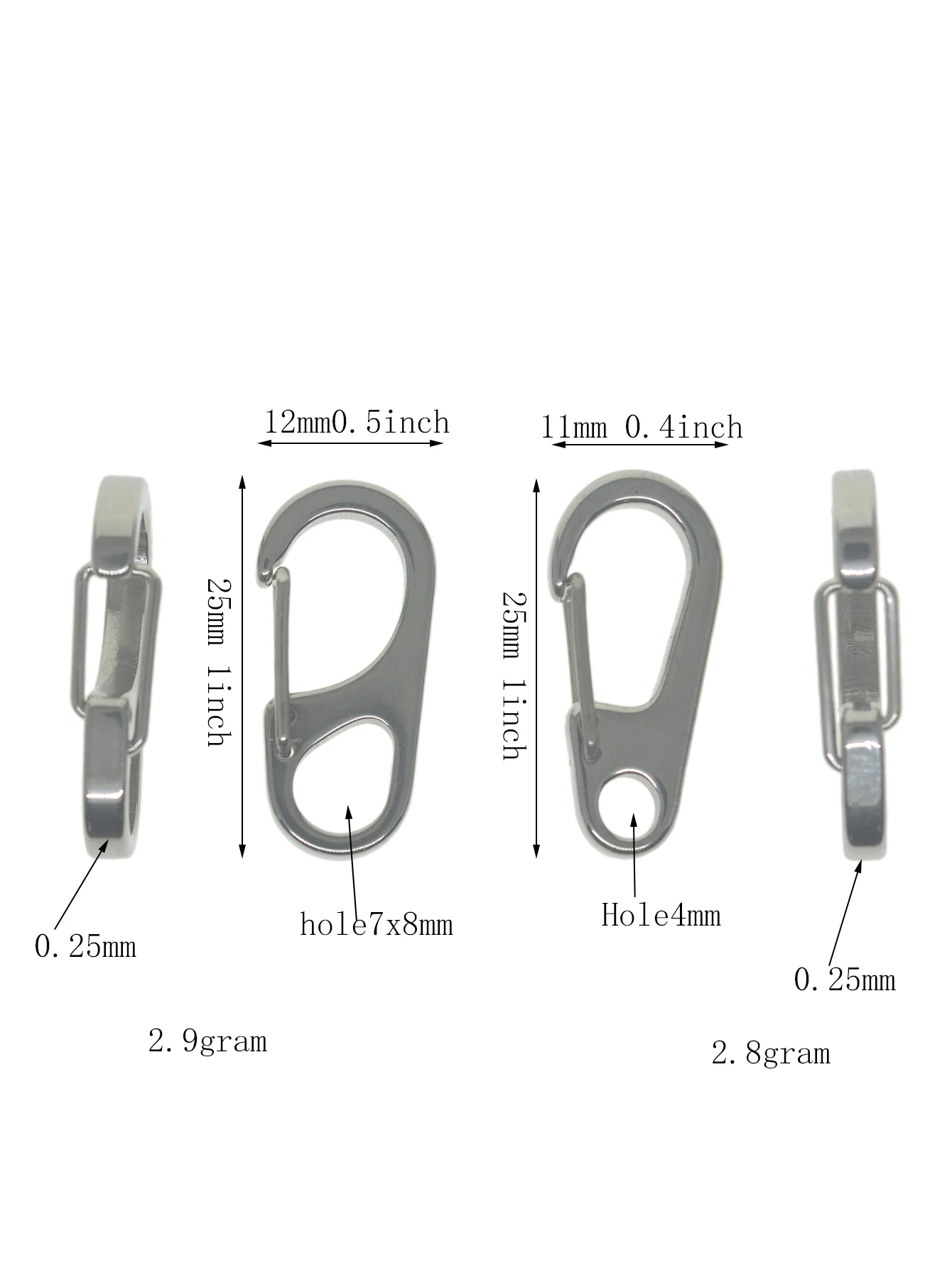 6pcs Small Super Strong 1 inch 304 Stainless Steel Spring Snap Hook Quick Release Carabiner Paracord Clasp FOB EDC