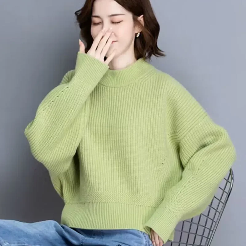 

Korean Women's Loose O-Neck Sweater Spring Autumn Bat Sleeve Solid Y2K Pullover Fashion Top for Females Elegant Casual Wear