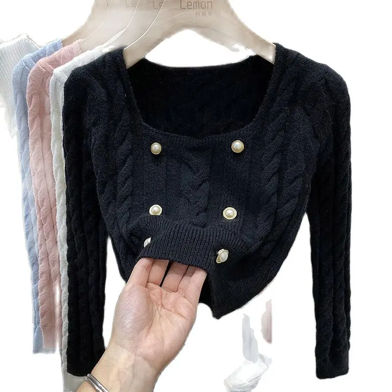 Slim Young Lady Knitting Pullovers Short Design Long Sleeve Square Collar Fashion Female Knitted Pullovers Sweet Women's Sweater