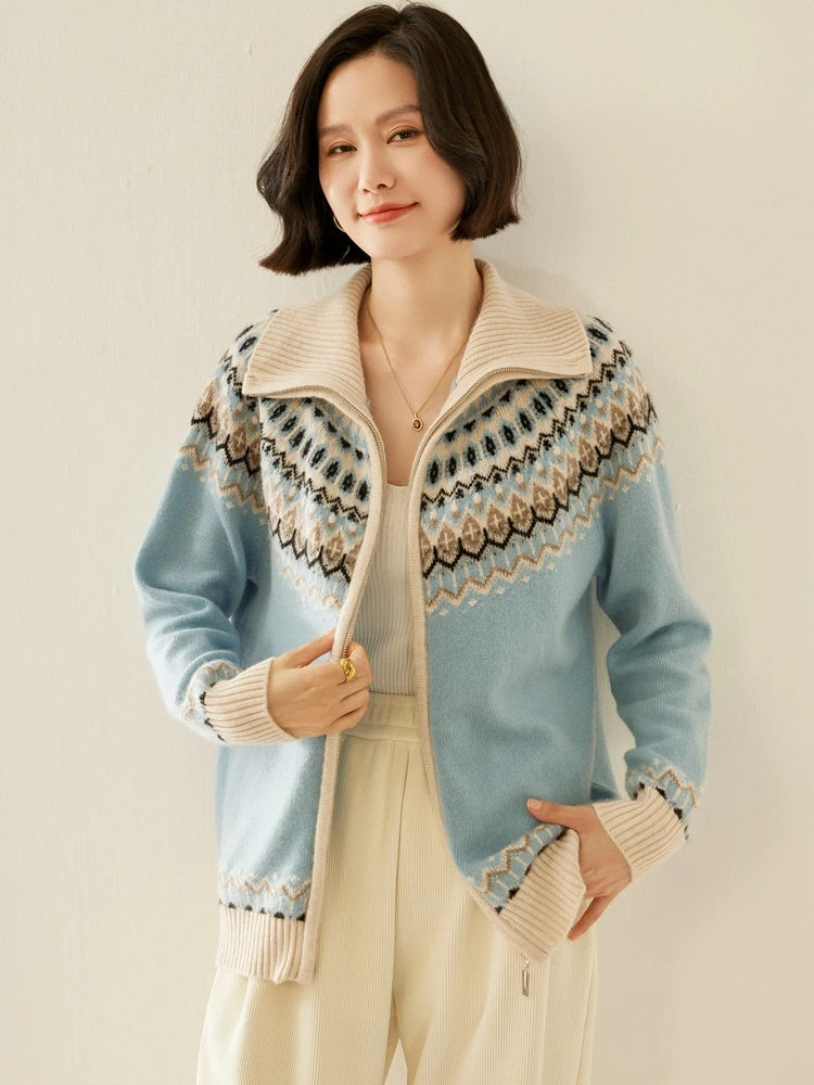 TLOML Damski Sweter Kaszmirowy Vintage Faire Isle Rozpinany na Zamek Jesień Zima 100% Kaszmir Dzianina Gruba Ciepła Wysoka Jakość