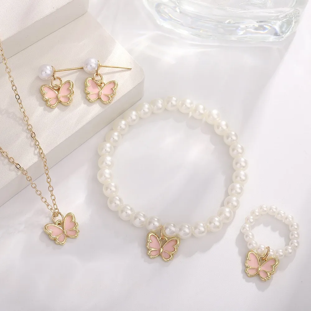 4 Set Butterfly Ring Pendant Necklace Bracelet Earrings Set for Women Girls Simulated Pearl Gold Jewelry Trendy Cute Sweet Gifts image 2
