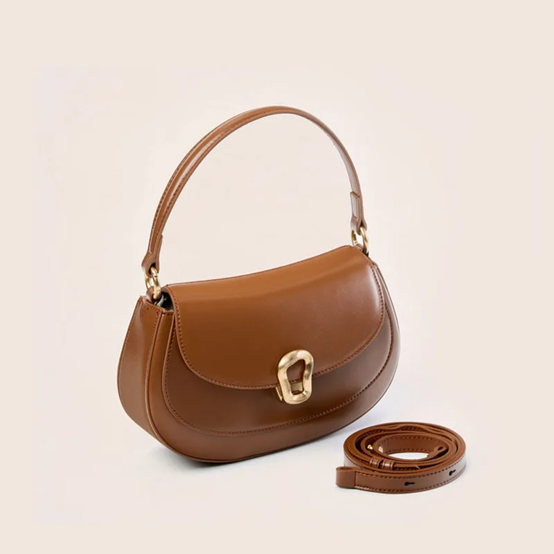 Women Vintage Oil Wax Split Cow Leather Underarm Saddle Bag, Convertible Shoulder Crossbody Purse Retro Curved Flap Handbag