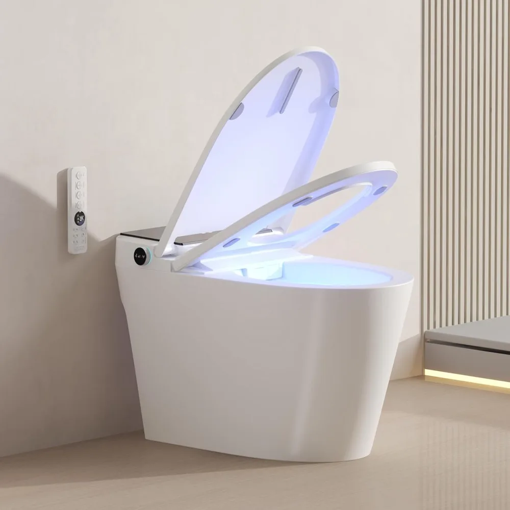 Inodoro inteligente con bidé incorporado, asiento calefactable, doble descarga automática, función agua caliente y seca, diseño sin tanque, sensor de pie, moderno