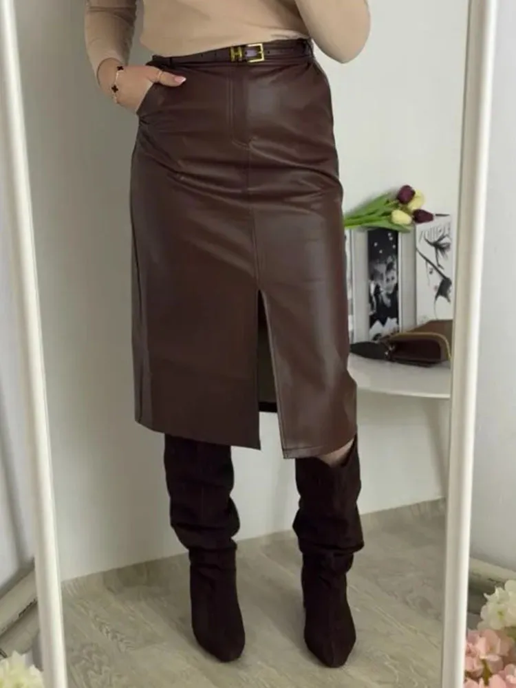 Long Leather Skirts For Women Brown High Quality PU Midi Bodycon Skirt Front Split High Waist Women's Leather Skirt Black Midi