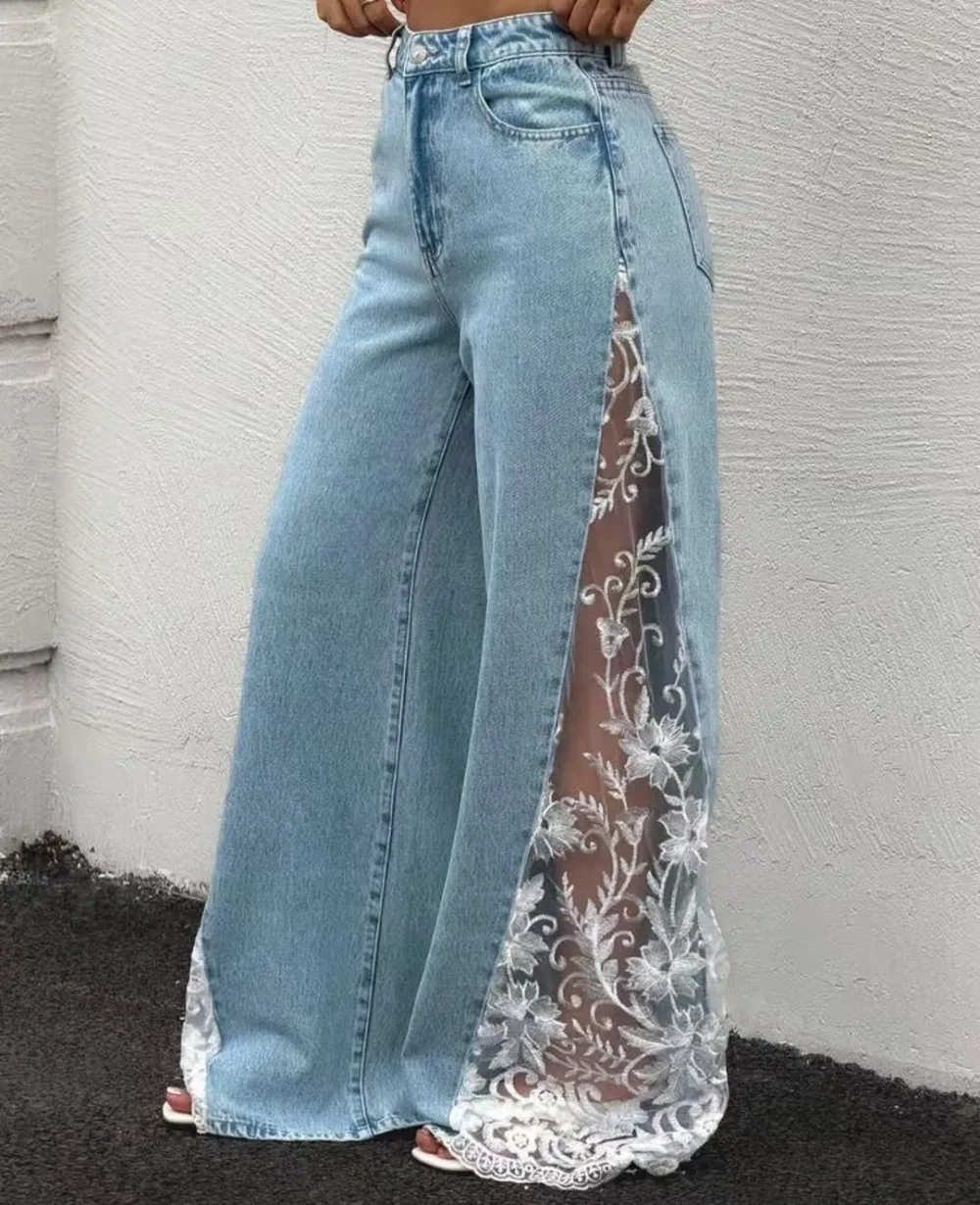 Women's Vintage Light Blue Wide Leg Jeans High Waist Side Floral Lace Spliced Patchwork Loose Casual Streetwear Denim Trousers