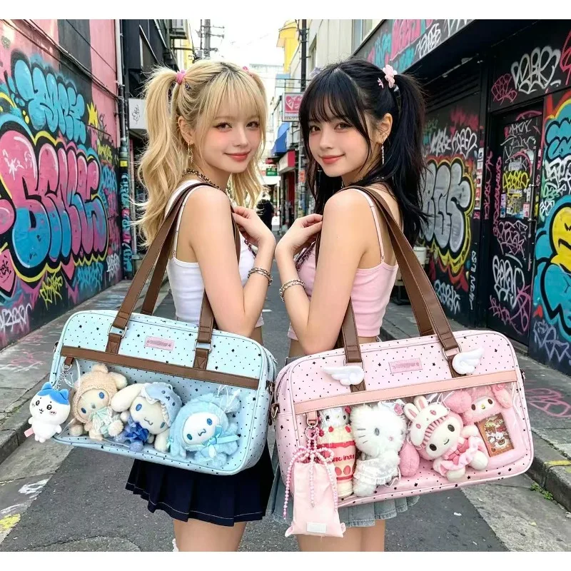 Y2k DIY Badge Display Shoulder Bag New Cute Large Capacity Lace Ita Bag Lolita Girls Transparent Pocket Casual Polka Dot Handbag