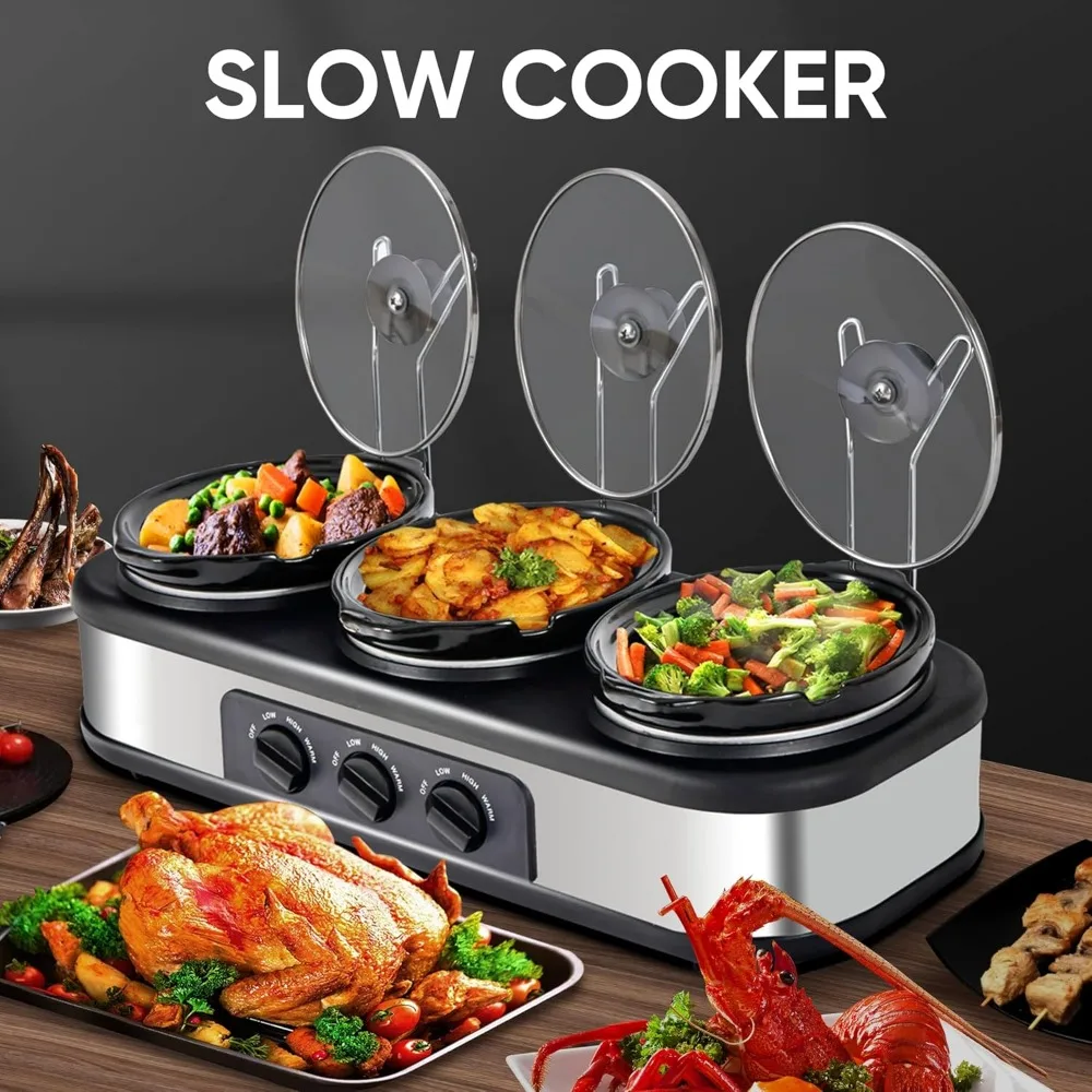 Triple Slow Cooker dengan sandaran tutup, server Prasmanan sarapan dan penghangat dengan 3X1,5 QT, tutup kaca Tempered