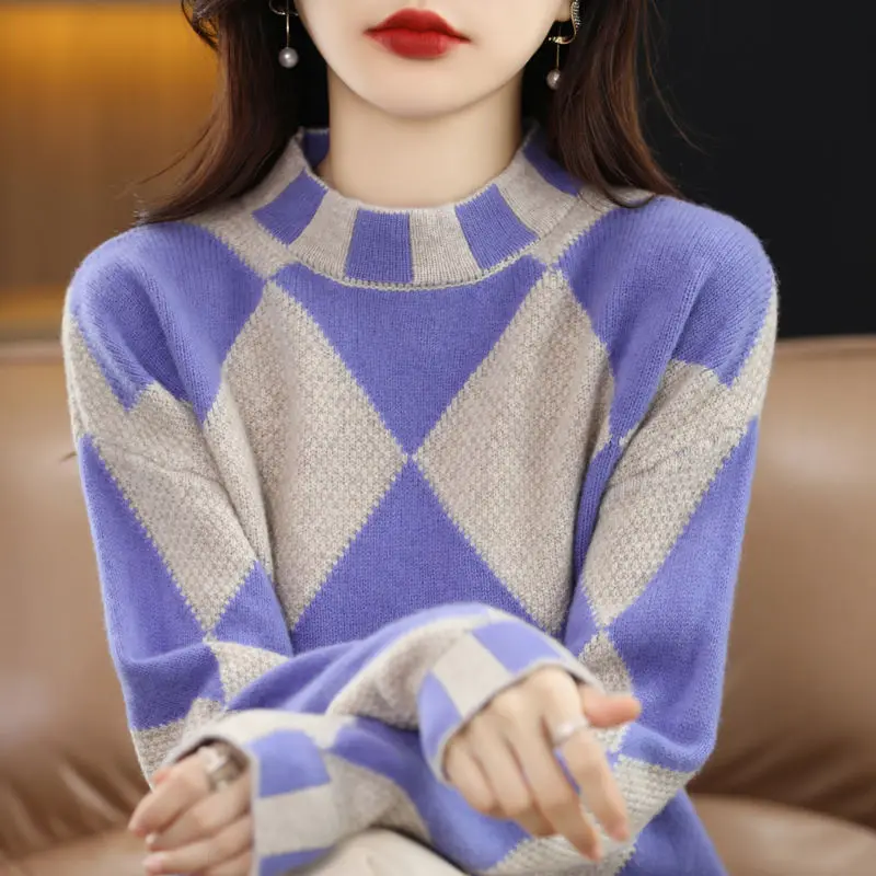 2023 Autumn and Winter New Fashion Women\'s Clothing Half High Neck Long Sleeve Temperament Versatile Commuter Lattice Sweater