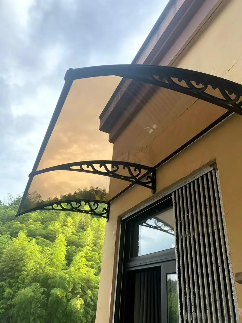 Window Door Awning, Brown Solid Polycarbonate Panel With Black Bracket (Light Brown, 40 In. X 40 In.)