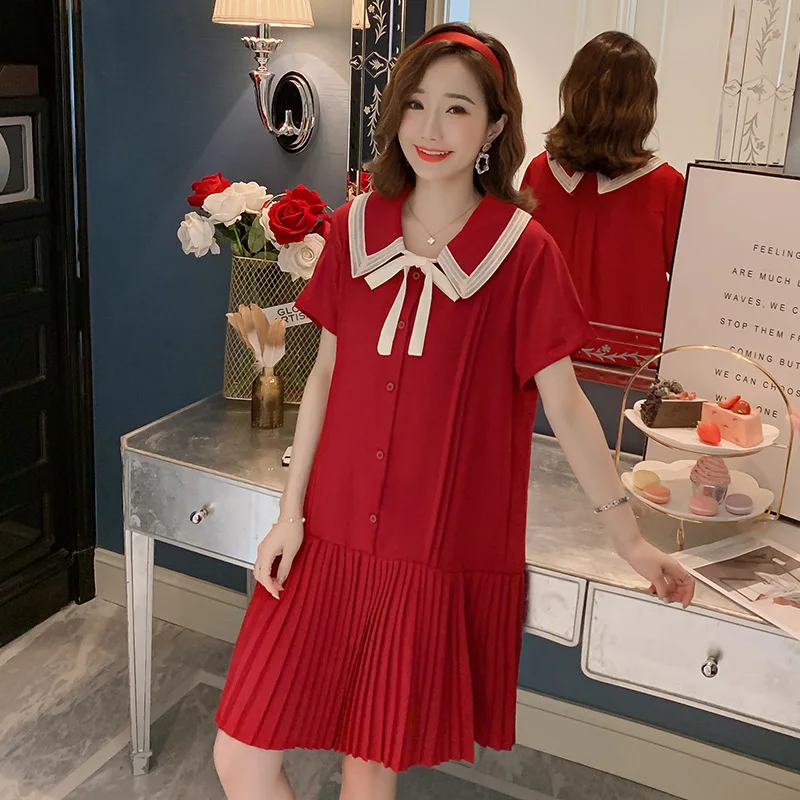 

Navy/Red Plus Size Summer Postpartum Women Lactation Shirts Sweet Turn-Down Collar Bow Maternity Breastfeeding Blouses Nursing
