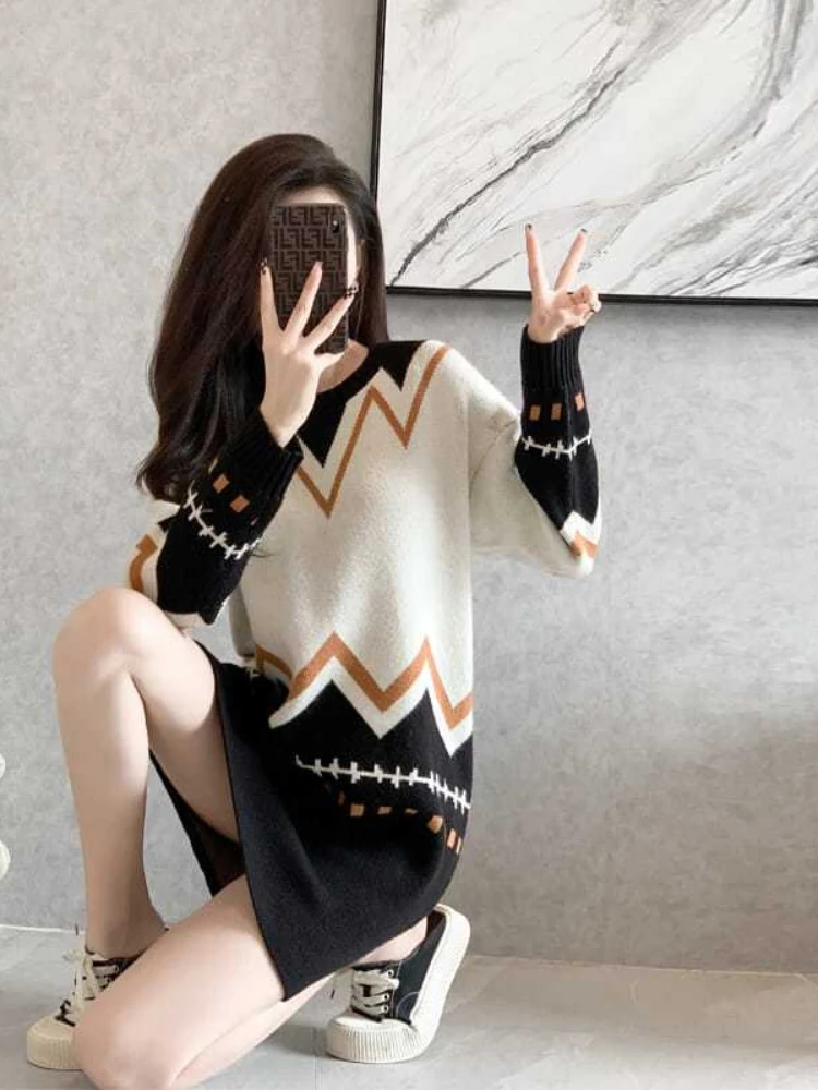 Female Knit Dress Color Matching Loose Women's Crochet Dresses One-piece Pieces Cotton Long Sleeve Autumn and Winter New in G X