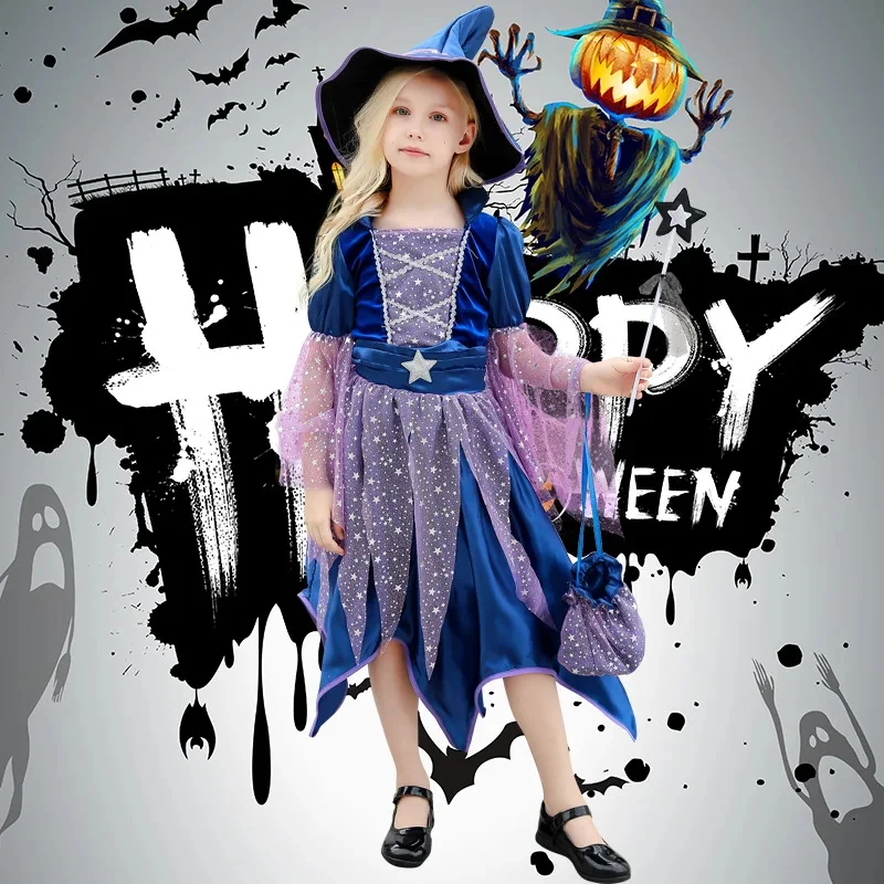 Girls Witch Halloween Full Costume Set Blue‑Purple Star Glitter Tulle Dress Hat Magic Wand Candy Pouch Holiday Party Fancy Dress view 3