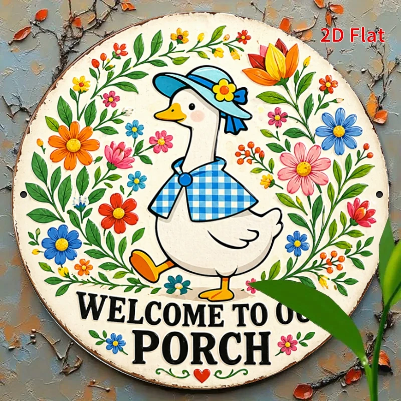 2D Flat, [2Dflat], 1pc 7.87x7.87inch- Welcome to Our Porch Duck Sign, Floral Goose Decorative Sign, Round Metal Wall Art for Far
