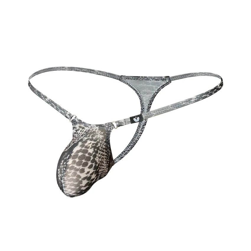Printed Men T-back Panties, Low Rise Adjustable Metal Buckle, Leopard Print 3D Bulge Pouch Male Thong Underpants