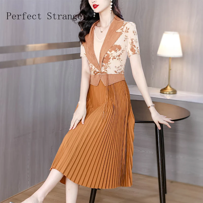 2024 Summer Women  Three Mansion Vestidos Turn-down Collar Short Sleeve Sweet Fake Two Piece Pleated Women Long Dress