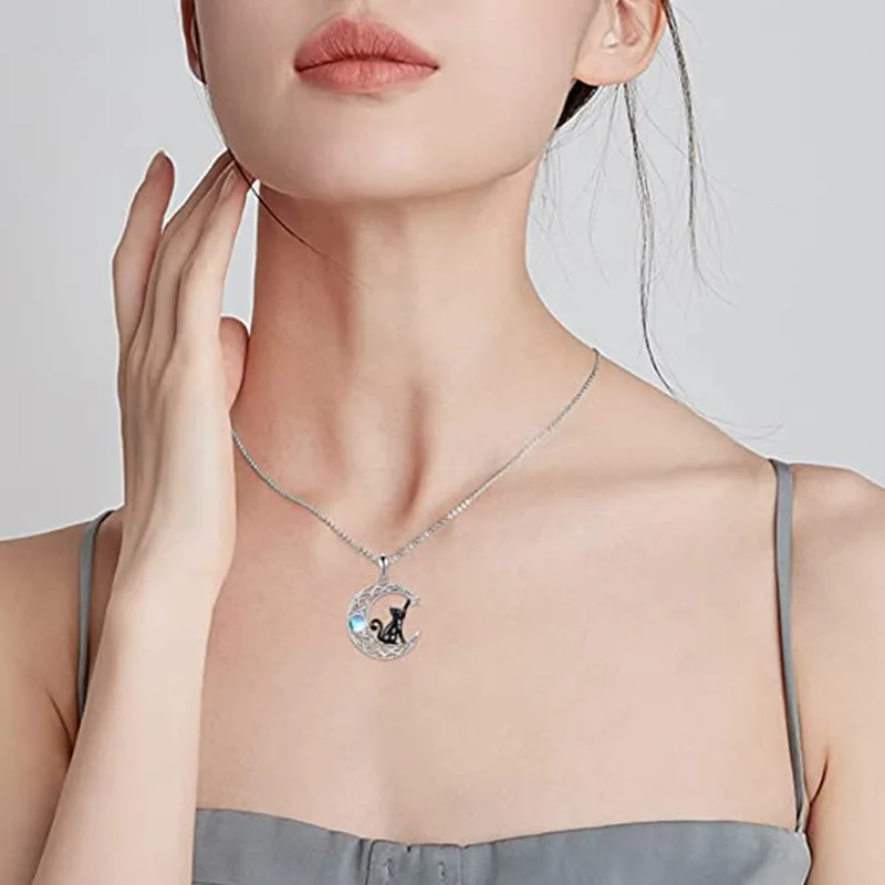 Vintage Niedliche Schwarze Kleine Katze Mond Anhänger Halskette für Frauen Teenager Gothic Mode Tier Mondstein Halsketten Schmuck Geschenke – Detail 4