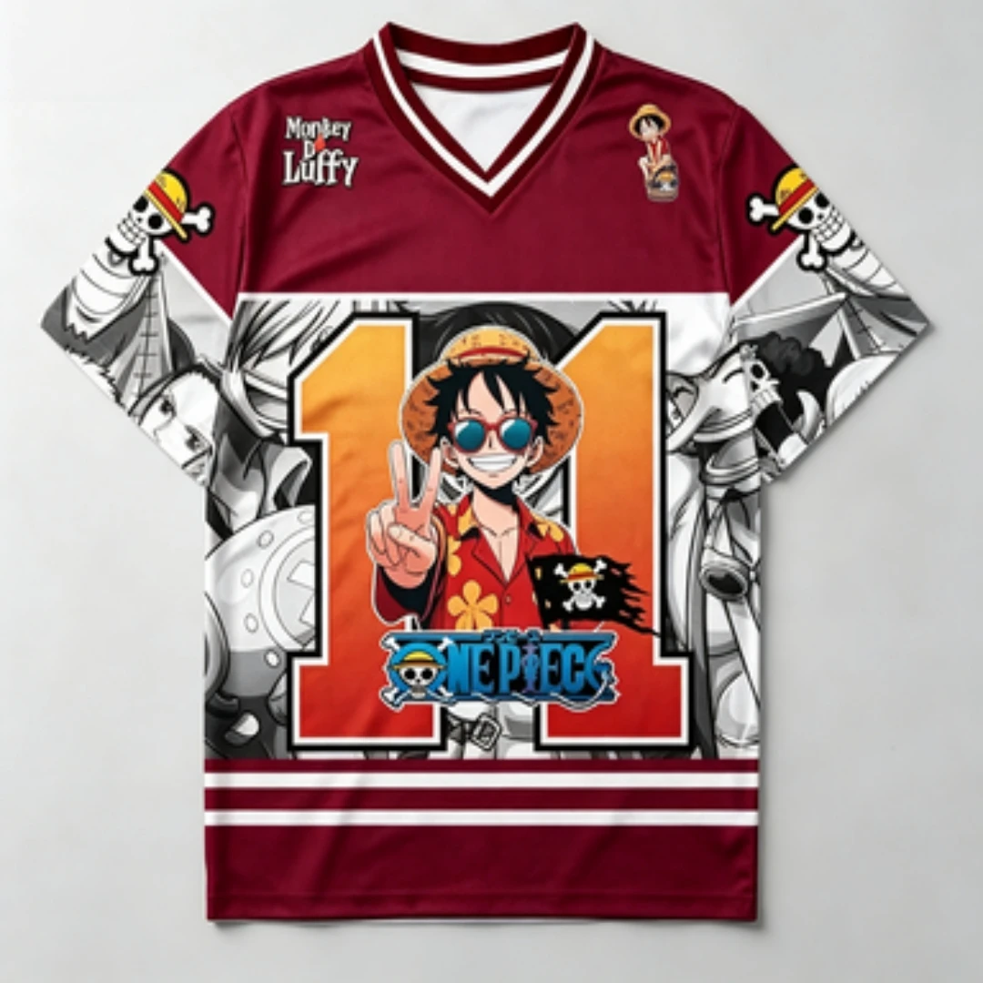 One Piece Luffy V-neck Breathable Mesh Straw Hat Luffy Pirate Flag Character Print Sports Casual Loose Jersey
