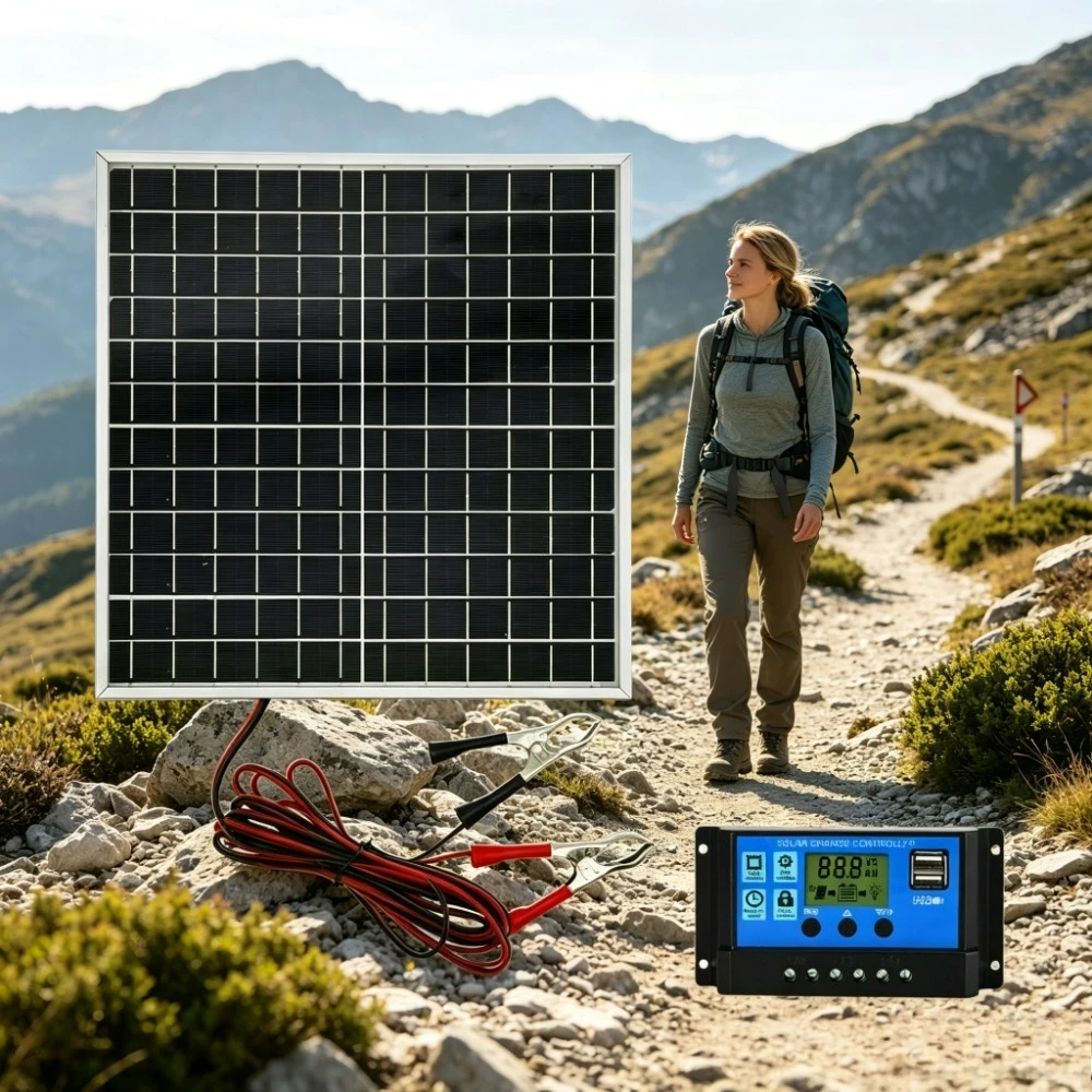 12W 12V Off Grid Monocrystalline Solar Panel Package with LCD Solar Charge Controller Clamp Connection Wire Outdoor Charging