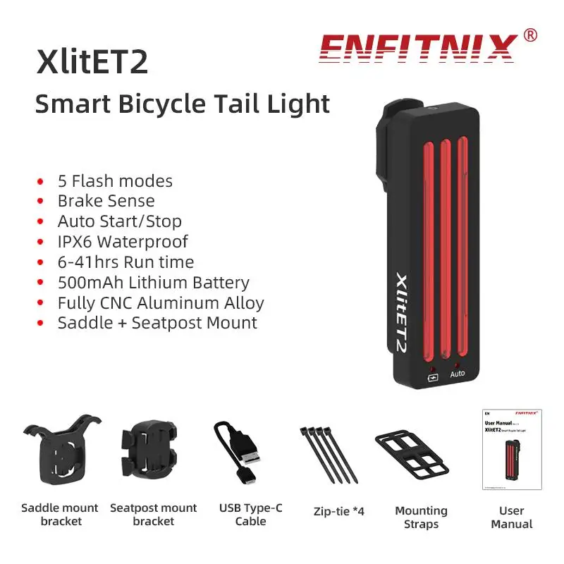 

Новый задний фонарь для велосипеда Enfitnix XlitET2, автоматическое включение/выключение, датчик тормоза, высокая яркость, светодиодный 5-режимный задний фонарь для велосипеда.