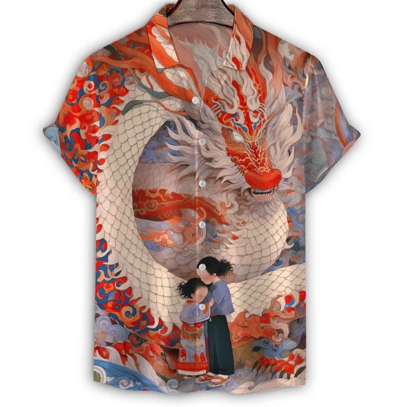 Art Orient Dragon Painting 3d Print Shirt For Men Summer Hawaiian Short Sleeves Tee Shirts Casual Button Lapel Blouse Tops