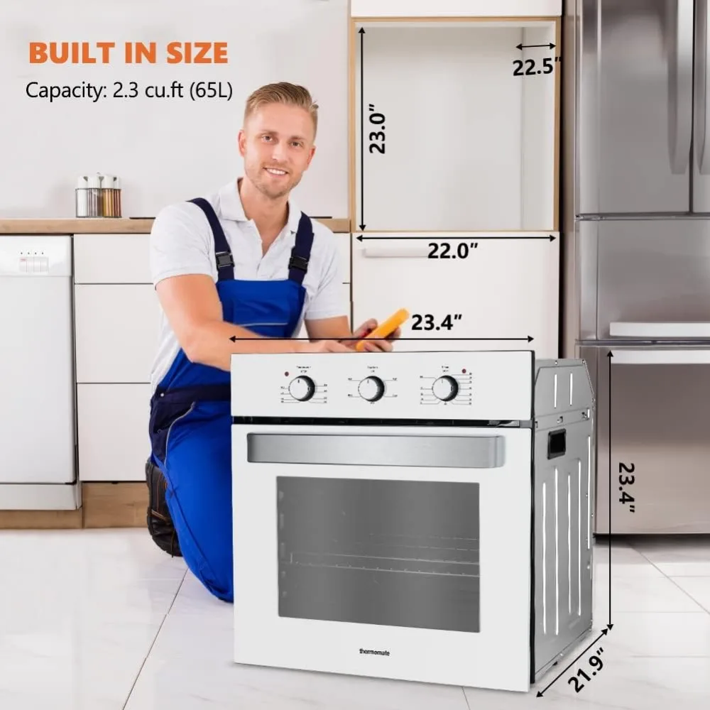 24" Single Wall Oven, 2.3 Cu.ft. Electric Wall Oven with 5 Cooking Functions, 2000W White Built-in Ovens with Mechanical Knobs