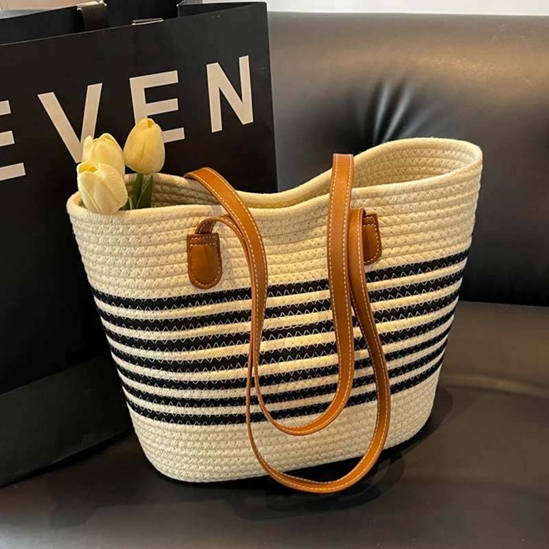 Striped Design Straw Tote Bag Large Capacity Beach Boho Style Handbag Fulfilment Shopping Bag