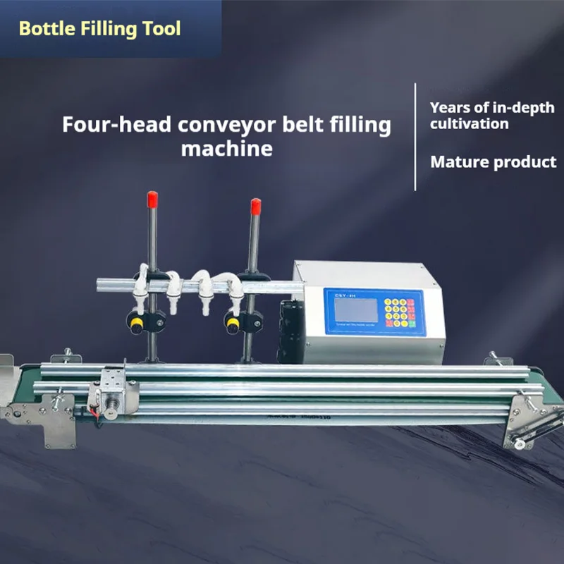 Automatische kleine 4-kops vloeistofvulmachine met transportband Nauwkeurig vullen Anti-druppelontwerp voor drankcosmetica-efficiëntie