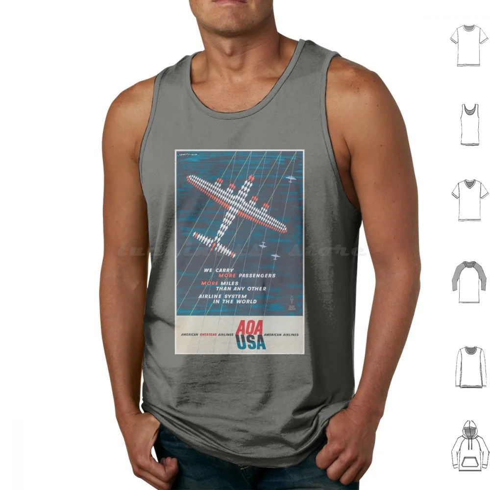 

American Overseas : Vintage Aviation Poster Celebrating Transatlantic Travel Tank Tops Print Cotton American Overseas