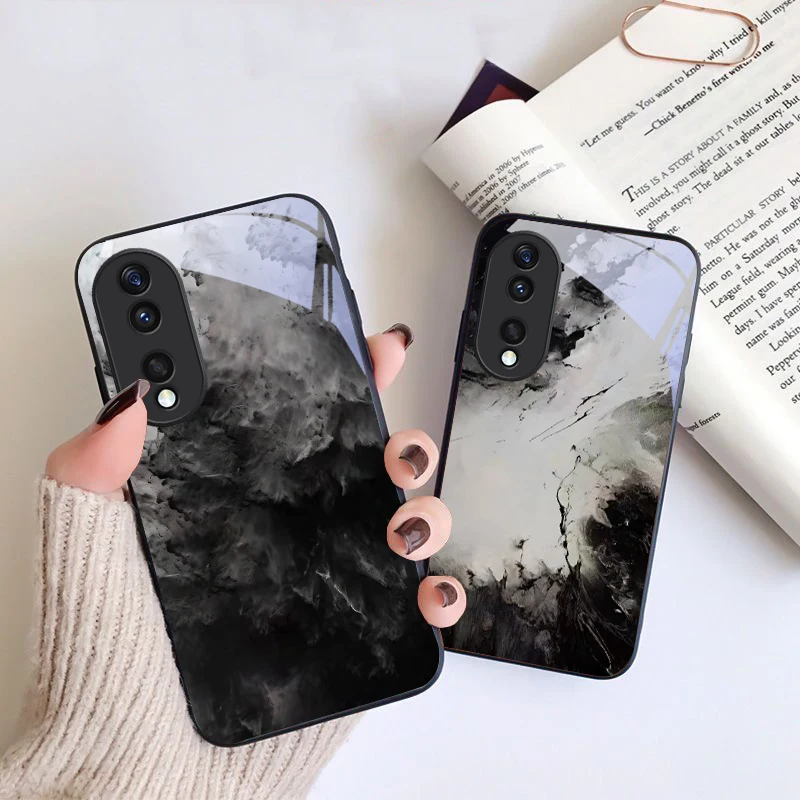 Coque de téléphone en verre noir à motif style aquarelle pour Honor X6 X9c X9 X6b X8a X8 X9b X5b Plus X8b 30 Pro+ 50 Pro 70 90 200 Lite
