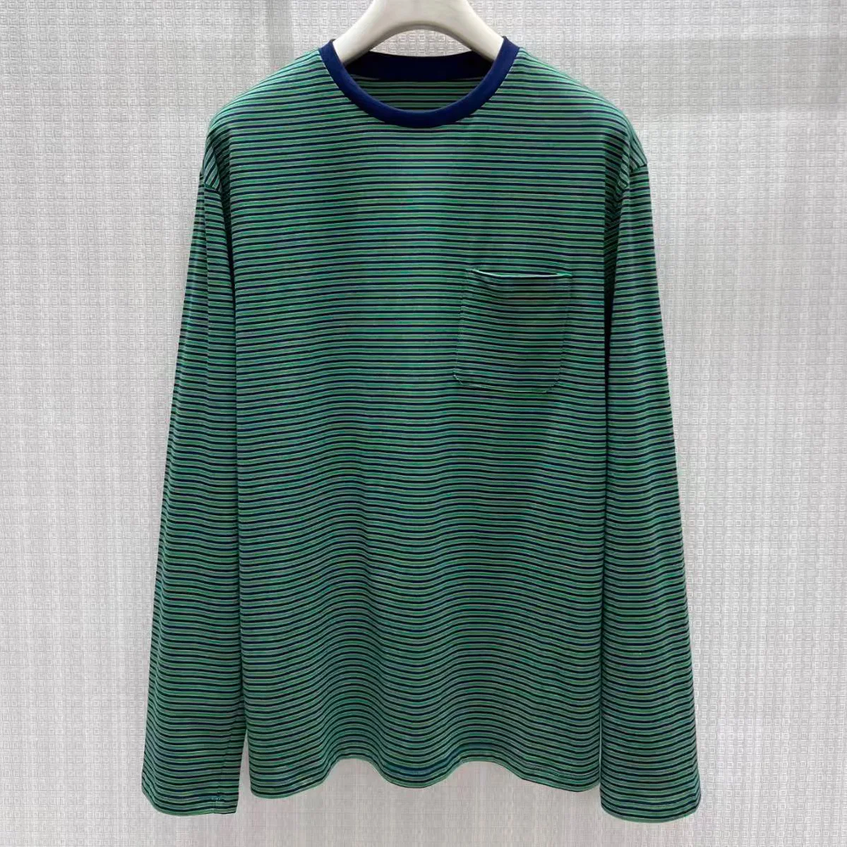 2026 New Women Striped Crew Neck Long Sleeve T Shirt Chest Pocket Loose Casual Basic Top
