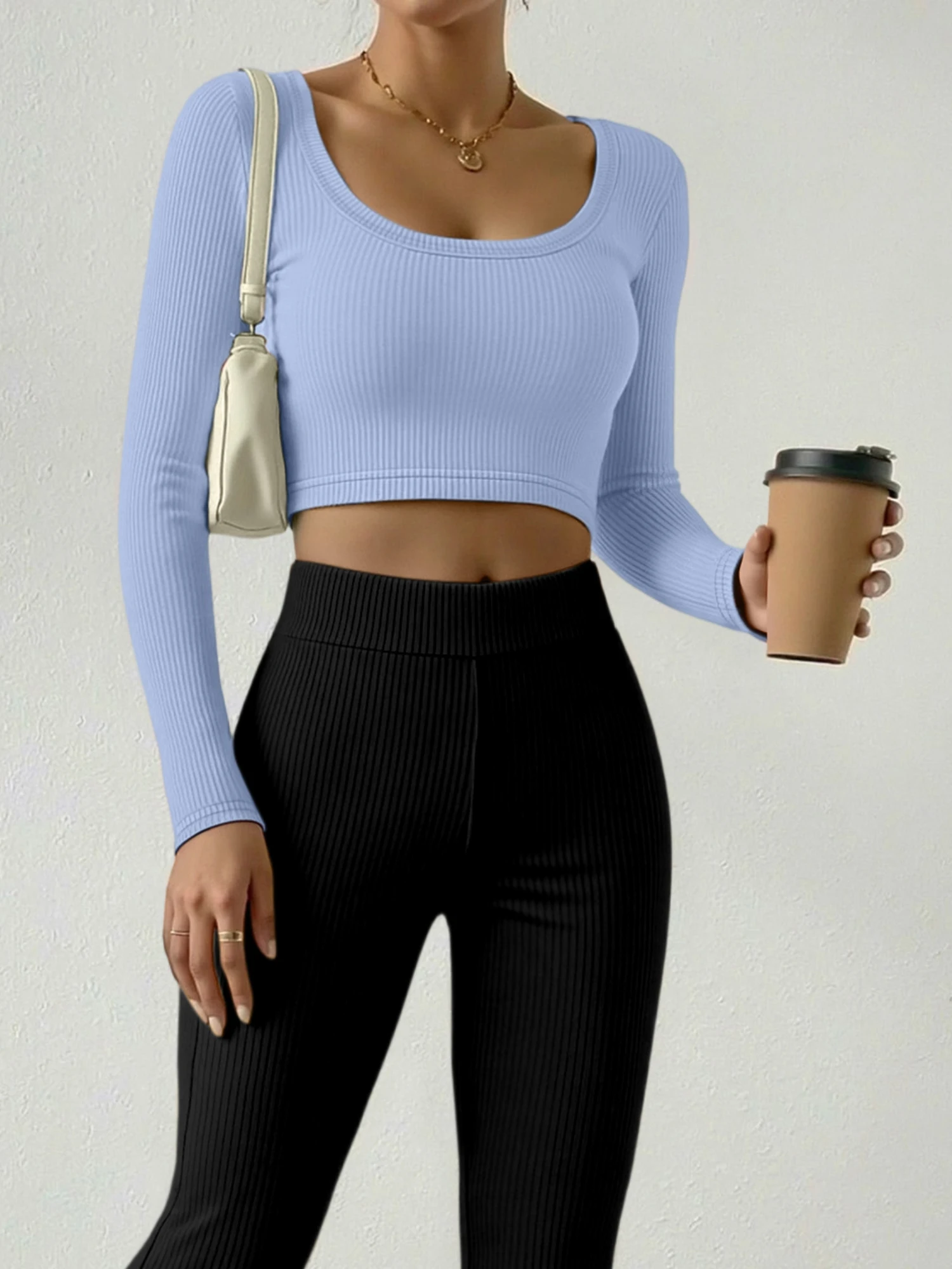Casual Ribbed Square Neck Crop Blouse, Fitted Shirt for Local Excursions & Leisure Outfits