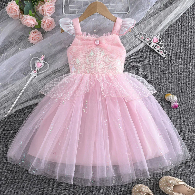 

Girls Puffy Ballet Dance Dress Little Mermaid Pink Sequins Kids Clothes Fly Sleeve Princess Dress For Themed Birthday Party