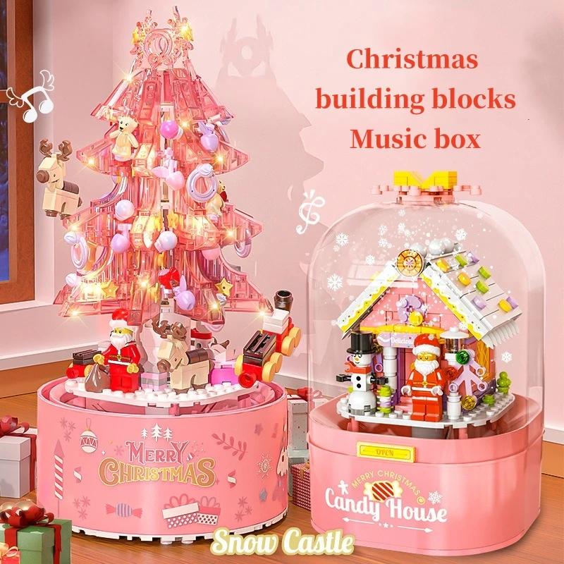 Princess Girl Pink Crystal Christmas Tree Building Blocks Rotating Music Box Children's Puzzle Building Blocks DIY Assembly Toy