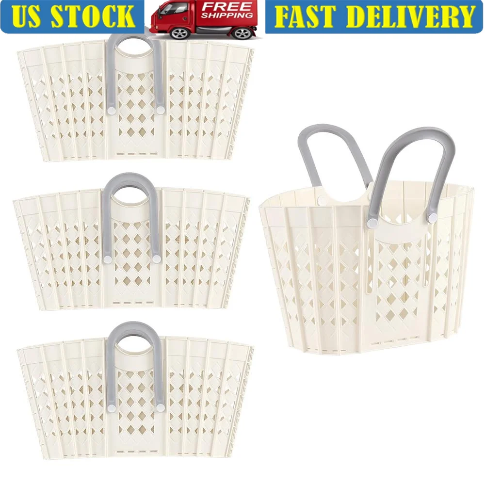 Foldable Laundry Baskets Pack of 4 with Portable Carry Handles Grocery Storage Basket White Durable Ventilated Design Foldable