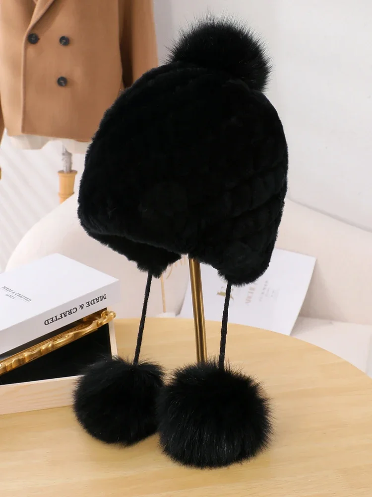 Genuine Rex Rabbit Fur Hat for Women Fall Russian ushanka Stripe