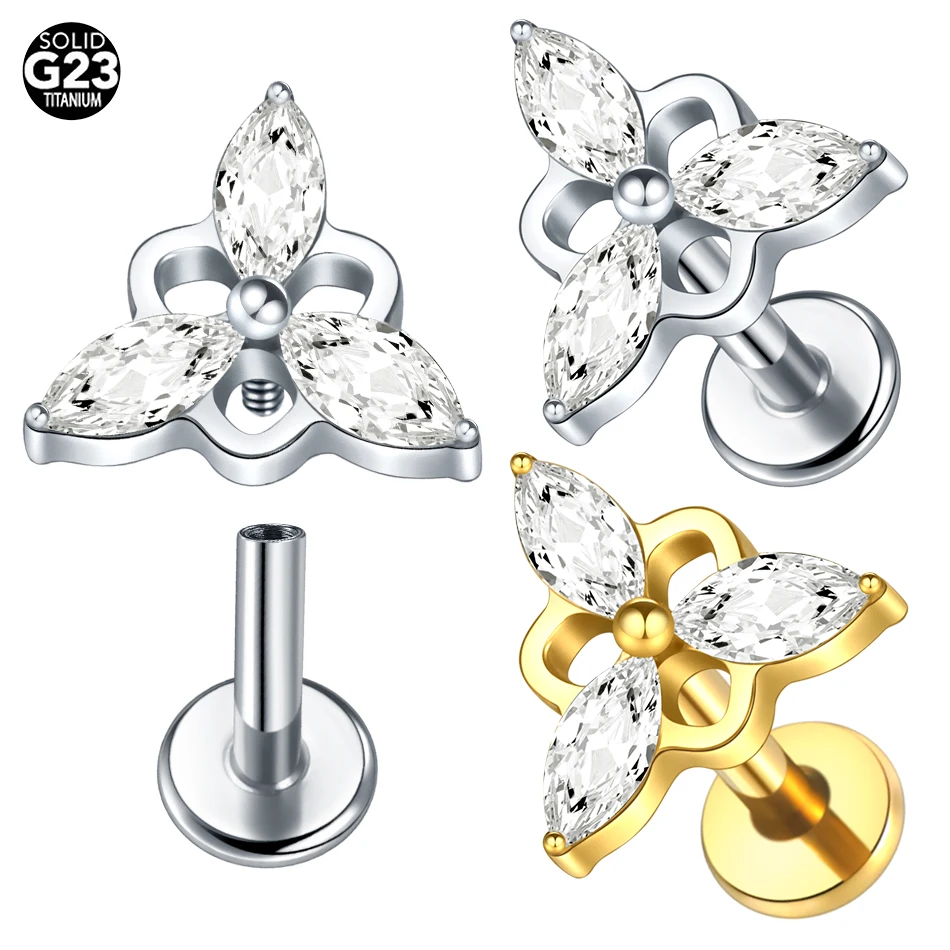 1/5PCS Titanium Marquise CZ Flat Back Stud Earring 16G Internally Thread Labret Helix Cartilage Monroe Medusa Tragus Piercings