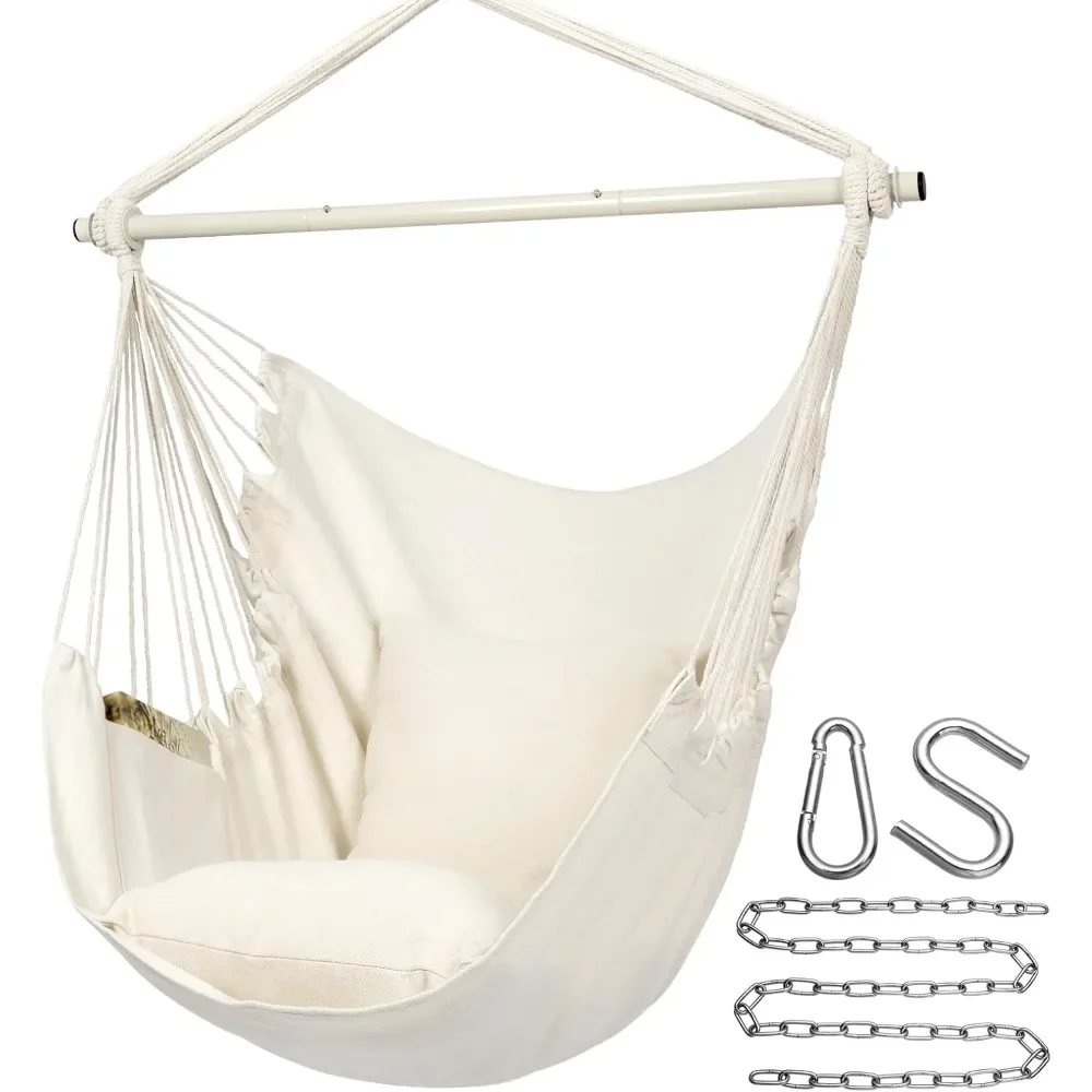 

Hammock Chair Hanging Rope Swing Chair, Max 500 Lbs, 2 Seat Cushions Included, Removable Steel Spreader Bar with Anti-Slip Rings