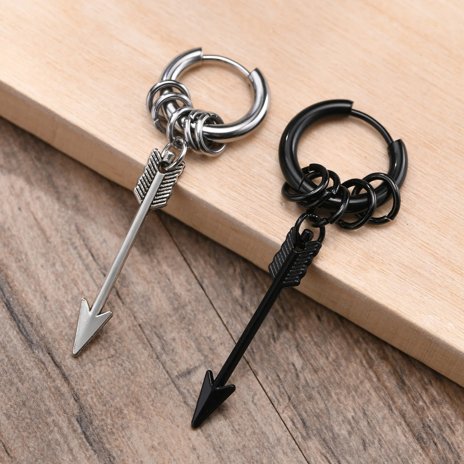 1pc Hip-hop Punk Stainless Steel Arrow Feather Cross Pendant Hoop Earrings Stylish Vintage Ear Studs for Men Women Daily Wear