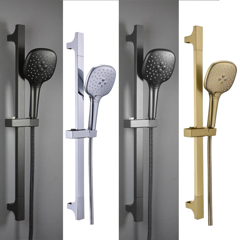 Wall Mounted Adjustable Slide Shower Bar Bathroom Shower Riser Sliding Bar Set with Hose and Shower Black Gold Minimalist Style