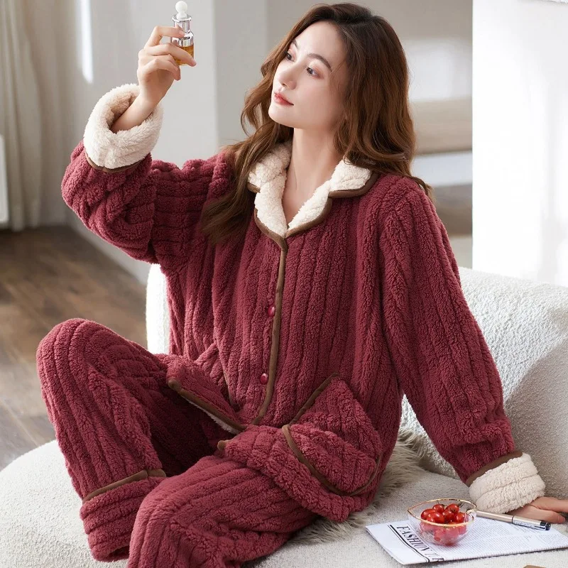 2023 New Women Pajamas Thickened Autumn Winter Flannel Loungewear Middle-aged Nursing Clothes Plus Long Sleeves Warm Sleepwear