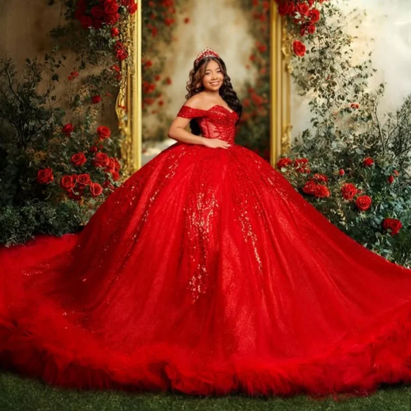 

Red Quinceanera Dress Crystal Glitter Decal Flower Lace layering Long tail Bow Vestidos De 15 Quinceanera ﻿Customize