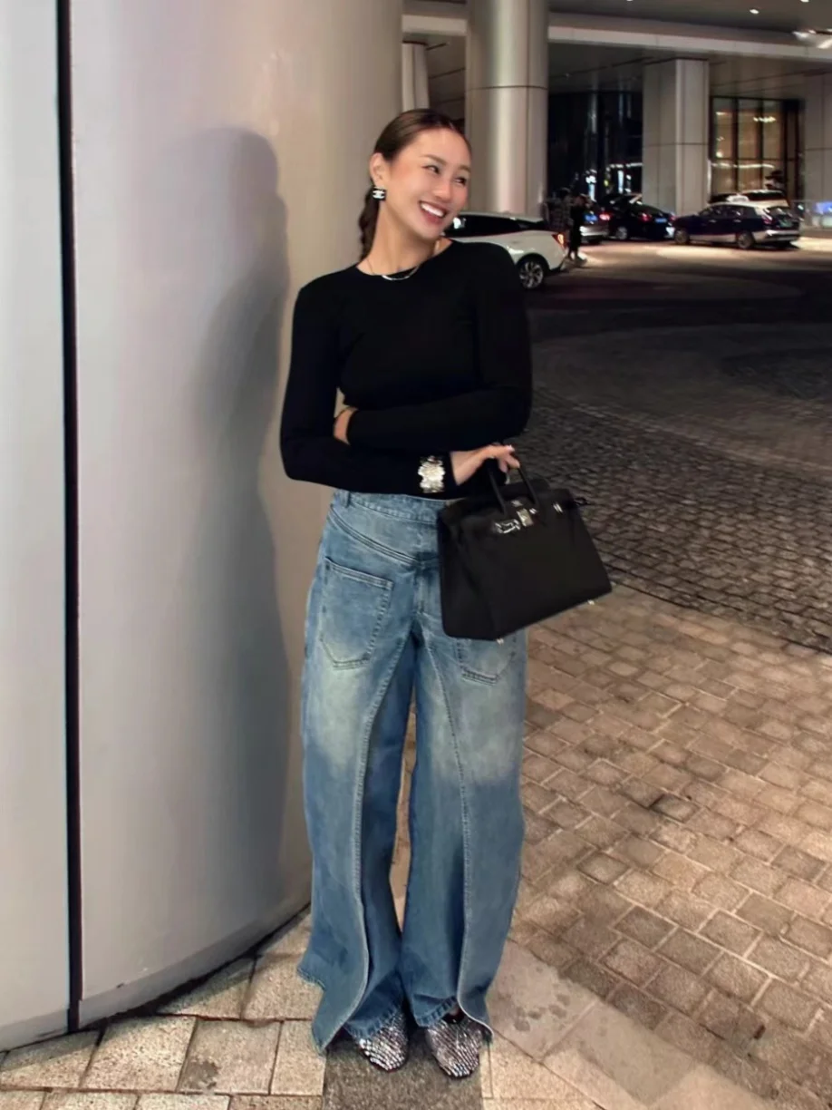 Low Waist Denim Pants Double Sided Wear Wide Leg Jeans Washed Effect Fashionable Deconstructed Design Straight Cut Trousers