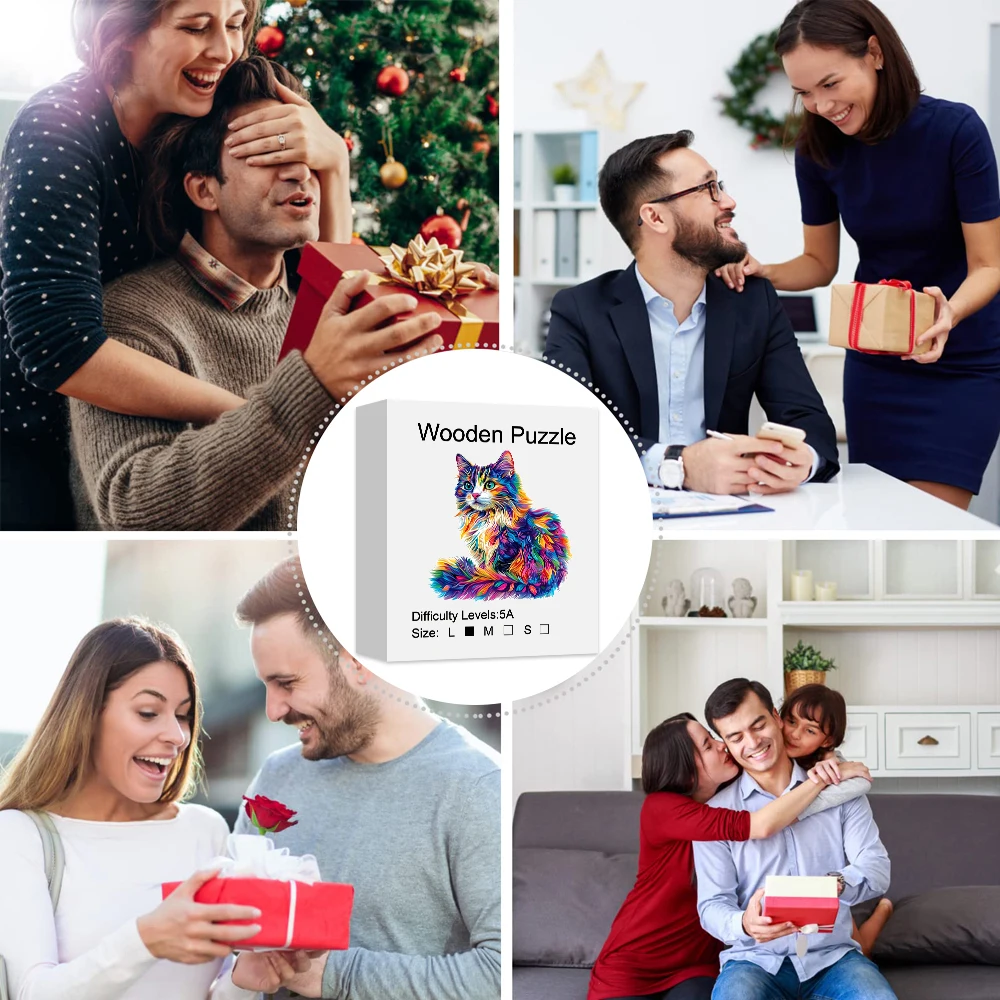 لغز خشبي على شكل قطة ملونة، ألعاب خشبية على شكل حيوان غير منتظم بشكل فريد، ديكورات إبداعية مصنوعة يدويًا، هدايا العيد ديكور منزلي