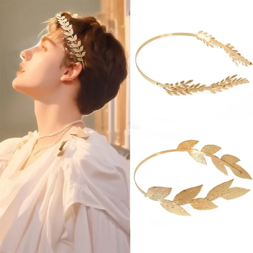 Braut-Haaraccessoires: Griechische goldfarbene Blatt-Stirnbänder für Damen, römische Diadem-Kronen-Tiaras, Kopfschmuck – Detail 3